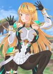  1girl against_fourth_wall against_glass bangs bare_shoulders black_legwear black_panties blonde_hair breast_press breasts breasts_on_glass cheek_press covered_navel day dress earrings elbow_gloves fourth_wall gem gloves headpiece highres mythra_(xenoblade) jewelry large_breasts long_hair looking_at_viewer open_mouth outdoors panties panties_under_pantyhose pantyhose short_dress simple_background solo sssemiii swept_bangs thigh_strap underwear very_long_hair white_dress xenoblade_(series) xenoblade_2 yellow_eyes 