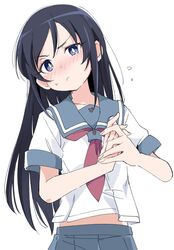  1girl angry aragaki_ayase black_hair blue_eyes blush bright_pupils head_tilt ixy long_legs looking_at_viewer midriff_peek ore_no_imouto_ga_konna_ni_kawaii_wake_ga_nai school_uniform short_sleeves simple_background skirt solo sweatdrop white_background white_pupils 