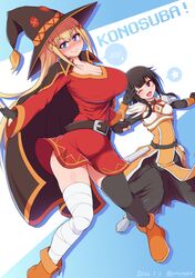  2girls bandaged_leg bandages belt black_hair black_legwear blonde_hair blue_eyes blush breasts brown_hair cape commentary_request cosplay costume_switch darkness_(konosuba) dress eyebrows_visible_through_hair fingerless_gloves gloves hair_between_eyes hair_ornament hat highres kono_subarashii_sekai_ni_shukufuku_wo! large_breasts long_hair looking_at_viewer megumin multiple_girls open_mouth ponpo ponytail red_dress red_eyes short_hair single_thighhigh smile thigh-highs witch_hat x_hair_ornament 