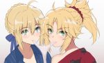  2girls ahoge animal_print artoria_pendragon_(all) bangs bare_shoulders blonde_hair blue_ribbon blue_shirt blush braid cat_print commentary_request eating eyebrows_visible_through_hair fate/grand_order fate_(series) green_eyes hair_between_eyes hair_ornament hair_scrunchie highres looking_at_viewer mordred_(fate) mordred_(fate)_(all) multiple_girls parted_bangs ponytail red_scrunchie red_shirt ribbon saber scrunchie shirt simple_background tonee white_background 