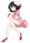  1girl :&gt; animal_ears arm_rest arm_up bare_legs black_hair blush bright_pupils bunny_tail carrot_necklace commentary_request dress eyebrows_visible_through_hair fingernails folded_leg full_body hair_between_eyes high_collar high_heels highres holding_lipstick_tube inaba_tewi lipstick_tube looking_at_viewer nail_polish pink_dress pink_eyes puffy_short_sleeves puffy_sleeves rabbit_ears red_footwear red_nails short_hair short_sleeves simple_background smile solo tail touhou tsukimirin white_background white_pupils 