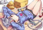  &gt;_&lt; 1girl :t animal animal_ears arms_up bangs black_shorts blue_hoodie breasts brown_eyes cheese chinese_zodiac closed_mouth commentary_request drawstring food grey_hair hood hood_down hoodie i_heart... knees_together_feet_apart knees_up long_sleeves looking_at_viewer lying mouse mouse_ears mouse_girl mouse_tail mousetrap on_back original pout red_footwear ryuinu shoes short_shorts shorts sleeves_past_wrists small_breasts solo tail year_of_the_rat 