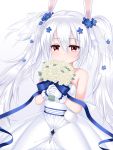  1girl animal_ears azur_lane bangs bare_shoulders blue_bow blue_flower blush bouquet bow closed_mouth commentary_request dress eyebrows_visible_through_hair flower gloves gradient gradient_background grey_background hair_between_eyes hair_flower hair_ornament hair_ribbon highres holding holding_bouquet laffey_(azur_lane) laffey_(white_rabbit&#039;s_oath)_(azur_lane) long_hair rabbit_ears red_eyes ribbon rose see-through smile solo strapless strapless_dress twintails u2_(5798239) very_long_hair white_background white_dress white_flower white_gloves white_hair white_rose 