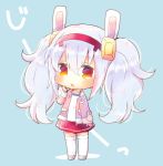  1girl :o animal_ears azur_lane bangs blue_background blush camisole chibi collarbone eyebrows_visible_through_hair full_body grey_footwear hair_between_eyes hair_ornament hairband jacket kouu_hiyoyo laffey_(azur_lane) long_sleeves looking_at_viewer off_shoulder open_clothes open_jacket parted_lips pink_jacket pleated_skirt rabbit_ears red_eyes red_hairband red_skirt shoes silver_hair skirt solo standing thigh-highs translation_request twintails twitter_username white_camisole white_legwear 