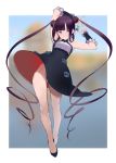  1girl absurdres arms_up bangs bare_shoulders black_dress black_footwear blue_eyes blunt_bangs blurry blurry_background blush border breasts china_dress chinese_clothes detached_sleeves double_bun dress fate/grand_order fate_(series) full_body grin hair_ornament highres jikatarou legs long_hair looking_at_viewer medium_breasts short_dress smile solo very_long_hair white_border yang_guifei_(fate/grand_order) 
