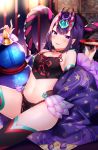  1girl bare_shoulders black_legwear blurry breasts choker crop_top cup earrings fangs fate/grand_order fate_(series) fundoshi gourd hair_ornament highres holding japanese_clothes jewelry looking_at_viewer midriff navel off_shoulder oni_horns pointy_ears purple_hair rope sakazuki shimenawa shouu-kun shuten_douji_(fate/grand_order) shuten_douji_(halloween_caster)_(fate) sleeveless small_breasts solo spaghetti_strap star star_print thigh-highs thighs violet_eyes wide_sleeves 
