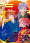  1girl 2boys absurdres bird blue_eyes brown_hair closed_mouth commentary_request green_eyes happy_new_year heartless highres japanese_clothes kairi_(kingdom_hearts) kimono kingdom_hearts kingdom_hearts_ii looking_at_viewer motu0505 multiple_boys new_year redhead riku short_hair silver_hair smile sora_(kingdom_hearts) spiky_hair 