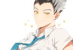  1boy bari_dal black_hair blue_neckwear bokuto_koutarou closed_mouth collar collared_shirt grey_hair haikyuu!! hair_up highres looking_at_viewer loose_necktie male_focus multicolored_hair necktie pocket shirt short_hair short_sleeves simple_background smile smirk solo star striped striped_neckwear two-tone_hair upper_body white_background white_shirt yellow_eyes 