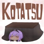  1girl :3 =_= bangs blush chibi closed_eyes closed_mouth dark_skin eyebrows_visible_through_hair fate/prototype fate/prototype:_fragments_of_blue_and_silver fate_(series) hassan_of_serenity_(fate) i.u.y kotatsu plaid purple_hair sidelocks solo table under_kotatsu under_table unmoving_pattern 