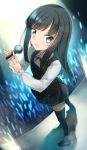  1girl :o asashio_(kantai_collection) bangs black_dress black_footwear black_hair black_legwear blue_eyes blurry blurry_background blush collared_shirt comah commentary_request depth_of_field dress dress_shirt eyebrows_visible_through_hair full_body glowstick highres holding holding_microphone kantai_collection long_hair long_sleeves microphone neck_ribbon open_mouth pinafore_dress pleated_dress red_ribbon remodel_(kantai_collection) ribbon shirt shoes sleeveless sleeveless_dress sleeves_past_wrists solo standing thigh-highs very_long_hair white_shirt 