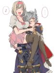  1boy 1girl animal_ears blonde_hair blush cape carrying closed_eyes djeeta_(granblue_fantasy) dress erune granblue_fantasy headband highres mask mole mole_under_eye red_headband saaaan_1 short_hair silver_hair six_(granblue_fantasy) smile white_background 