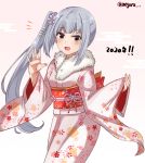  1girl 2020 brown_eyes cloud_background commentary_request dated floral_print fur-trimmed_kimono fur_trim furisode grey_hair highres japanese_clothes kantai_collection kasumi_(kantai_collection) kimono long_hair looking_at_viewer meguru_(megurunn) pink_background pink_kimono print_kimono side_ponytail smile solo twitter_username 
