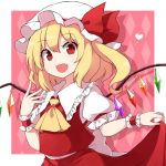  1girl back_bow blonde_hair bow commentary crystal fang flandre_scarlet frills hand_up hat hat_ribbon heart long_hair looking_at_viewer mob_cap open_mouth patterned_background pink_background puffy_short_sleeves puffy_sleeves red_eyes red_ribbon red_skirt red_vest ribbon rizento shirt short_sleeves side_ponytail skirt skirt_hold smile solo touhou upper_body vest white_bow white_headwear white_shirt wings wrist_cuffs yellow_neckwear 