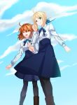  2girls ahoge artoria_pendragon_(all) black_legwear blonde_hair boots clouds cosplay fate/grand_order fate/stay_night fate_(series) fujimaru_ritsuka_(female) green_eyes hair_bun hair_ornament hair_scrunchie highres multiple_girls one_eye_closed orange_eyes orange_hair orange_scrunchie saber saber_(cosplay) scrunchie side_ponytail sky ycco_(estrella) 