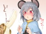 1girl animal_ears asutora banana bangs beige_background black_vest blue_capelet blush capelet commentary_request food fruit gradient gradient_background grey_hair hair_between_eyes holding holding_food holding_fruit long_sleeves mouse_ears nazrin nose_blush parted_lips red_eyes short_hair solo_focus touhou translation_request upper_body vest white_background 