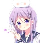  1girl angora_rabbit animal animal_on_head bangs black_sailor_collar blush commentary crossover deyui eyebrows_visible_through_hair gochuumon_wa_usagi_desu_ka? hair_between_eyes hair_ornament hand_up kafuu_chino koisuru_asteroid long_sleeves on_head parted_lips rabbit sailor_collar school_uniform serafuku shirt simple_background star suzuya_moe tippy_(gochiusa) v white_background white_shirt x_hair_ornament 