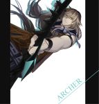  1boy bow_(weapon) brown_hair chiron_(fate) drawing_bow fate/apocrypha fate_(series) frown green_eyes highres long_hair looking_at_viewer low-tied_long_hair solo weapon wristband ycco_(estrella) 