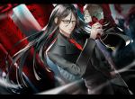  1boy bangs black_hair fate/grand_order fate_(series) formal glasses green_eyes hauchiwa long_hair lord_el-melloi_ii male_focus necktie older parted_bangs solo stone_pillar stone_sentinel_maze suit tsujieiri waver_velvet 