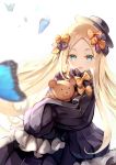  1girl abigail_williams_(fate/grand_order) absurdres backlighting bangs black_bow black_dress black_headwear blonde_hair blue_eyes blush bow bug butterfly dress fate/grand_order fate_(series) forehead hat highres hon_(neo2462) insect long_hair long_sleeves looking_at_viewer multiple_bows orange_bow parted_bangs polka_dot polka_dot_bow ribbed_dress simple_background sleeves_past_fingers sleeves_past_wrists solo stuffed_animal stuffed_toy teddy_bear white_background 