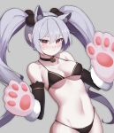  1girl absurdres alternate_costume animal_ears animal_hands bangs bare_shoulders bikini black_bikini blush cat_ears cat_paws closed_mouth collar elbow_gloves expressionless fake_animal_ears gloves guardian_tales hands_up highres long_hair looking_at_viewer navel necromancer_noxia paw_gloves red_eyes sliverdog swimsuit twintails 