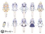  1girl ahoge animal_ears azur_lane bangs blue_eyes blush bow character_sheet concept_art copyright_name crown dress flat_chest hair_ornament hood jacket jupiter_(azur_lane) long_hair long_sleeves looking_at_viewer manjuu_(azur_lane) mini_crown multiple_views parted_bangs pom_pom_(clothes) purple_hair shorts standing tilted_headwear torpedo twintails two_side_up vilor watermark white_dress white_legwear yellow_jacket zipper 