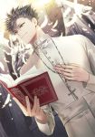  1boy bangs bible black_hair book buttons cassock closed_mouth collar cross cross_necklace feathers haikyuu!! hand_on_own_chest hemoon holding holding_book holding_necklace indoors jewelry kuroo_tetsurou light long_sleeves looking_to_the_side male_focus necklace open_book pendant priest sash short_hair smile solo spiky_hair standing statue turtleneck white_sash wings yellow_eyes 