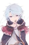  1boy caim_(granblue_fantasy) cloak granblue_fantasy highres holding jewelry kuriwooo looking_at_viewer male_focus necklace pendant robe silver_hair solo violet_eyes white_background 