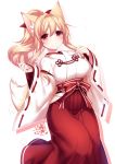  animal_ears bangs blonde_hair blush breasts commentary_request eyebrows_visible_through_hair fox_ears fox_tail japanese_clothes konshin large_breasts long_hair looking_at_viewer miko original ponytail red_eyes signature smile tail white_background 