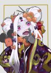  1girl abigail_williams_(fate/grand_order) bangs black_bow bow commentary_request double_bun fate/grand_order fate_(series) flower gajumaru09 hair_bow hair_flower hair_ornament japanese_clothes keyhole kimono long_hair looking_at_viewer mickey_mouse_ears mouse orange_bow orange_flower parted_bangs polka_dot polka_dot_bow purple_kimono sharp_teeth solo teeth violet_eyes white_hair white_skin 
