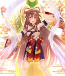  +_+ 1girl alternate_costume alternate_hairstyle animal_ears arm_up armpits blush bone_hair_ornament breasts brown_eyes brown_hair commentary_request detached_sleeves dog_ears fukahire_(ruinon) hair_between_eyes hair_ribbon hololive inugami_korone japanese_clothes long_hair looking_at_viewer ribbon solo very_long_hair 