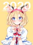  1girl 2020 alice_margatroid animal_ears bangs blonde_hair blue_eyes blush capelet commentary_request double_v eyebrows_visible_through_hair fake_animal_ears hair_between_eyes hairband hands_up highres ichimura_kanata looking_at_viewer mouse_ears red_hairband short_hair simple_background solo touhou upper_body v white_capelet wrist_cuffs yellow_background 