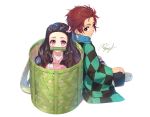  1boy 1girl asa_no_ha_(pattern) bamboo basket bit_gag black_hair blue_scarf brother_and_sister brown_hair checkered closed_mouth earrings gag hair_ribbon haori in_basket in_container indian_style japanese_clothes jewelry kamado_nezuko kamado_tanjirou kimetsu_no_yaiba kimono long_hair looking_at_viewer multicolored_hair pink_eyes pink_kimono pink_ribbon red_eyes redhead ribbon rupinesu scarf siblings signature simple_background sitting smile two-tone_hair very_long_hair white_background 