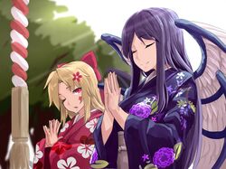  2girls blonde_hair blue_hair closed_eyes elis_(touhou) feathered_wings flower hair_flower hair_ornament hair_ribbon hands_clasped highres japanese_clothes kamiya_ueshi kimono long_hair long_sleeves multiple_girls one_eye_closed own_hands_together red_eyes red_ribbon ribbon sariel touhou wide_sleeves wings 