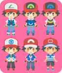  6+boys baseball_cap black_hair black_pants blue_pants brown_eyes denim full_body grey_eyes hat jeans multiple_boys multiple_persona pants pokemon pokemon_(anime) pokemon_(classic_anime) pokemon_bw_(anime) pokemon_dppt_(anime) pokemon_rse_(anime) pokemon_sm_(anime) pokemon_xy_(anime) purple_background rizu_(rizunm) satoshi_(pokemon) simple_background standing wristband 