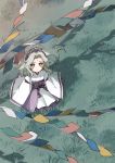  1girl crown facial_mark flag forehead_mark from_above full_body grass green_eyes green_hair highres hitsuji_hiko_(mareep15) japanese_clothes kimono long_hair long_sleeves looking_at_viewer original outdoors prayer_flag solo standing white_kimono wide_sleeves wind 