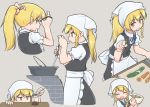  1girl apron back_bow black_skirt black_vest blonde_hair blue_ribbon blush bow bowl braid carrot chopsticks closed_eyes commentary_request cooking cucumber fang frills grey_background grin hair_tie head_scarf highres holding holding_chopsticks kirisame_marisa long_hair mouth_hold multiple_views neck_ribbon open_mouth ribbon shirt short_sleeves simple_background skirt smile spoon touhou turnip_kabura vest waist_apron white_bow white_shirt yellow_eyes 