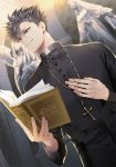  1boy bangs bible black_hair black_sash book buttons cassock closed_mouth collar cross cross_necklace haikyuu!! hand_on_own_chest hemoon holding holding_book holding_necklace indoors jewelry kuroo_tetsurou long_sleeves looking_to_the_side male_focus necklace open_book pendant priest sash short_hair smile solo spiky_hair standing statue turtleneck wings yellow_eyes 