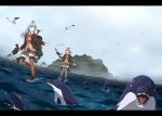  2girls 6+others any_(lucky_denver_mint) aqua_eyes aqua_hair ascot bird blazer blue_eyes blue_sky brown_hair brown_jacket brown_legwear brown_skirt clouds commentary_request day dolphin dutch_angle frilled_skirt frills full_body hair_ornament hairclip jacket kantai_collection kumano_(kantai_collection) long_hair looking_at_viewer machinery multiple_girls multiple_others orange_cardigan outdoors pleated_skirt ponytail remodel_(kantai_collection) school_uniform seagull skirt sky standing standing_on_liquid suzuya_(kantai_collection) thigh-highs vest water 