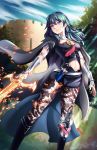  1girl black_footwear blue_eyes blue_hair breasts byleth_(fire_emblem) dagger detached_collar elver-lee fire_emblem fire_emblem:_three_houses fortress highres medium_breasts medium_hair navel navel_cutout pantyhose short_shorts shorts sword sword_of_the_creator tagme vambraces weapon 