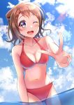  1girl bang_dream! bikini blue_sky brown_hair clouds cowboy_shot day highres leaning_forward looking_at_viewer open_mouth outdoors red_bikini round_teeth sky smile solo swimsuit teeth toyama_kasumi upper_teeth v violet_eyes water yamamoto_chavez 