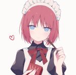  1girl apron bangs blue_eyes bob_cut box closed_mouth food fukurou_(hvgd5584) giving heart hisui holding juliet_sleeves long_sleeves looking_at_viewer maid_headdress necktie pocky puffy_sleeves red_neckwear red_ribbon redhead ribbon short_hair simple_background smile solo tsukihime upper_body white_apron white_background 