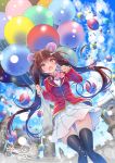  1girl animal_ears artist_name balloon bear_ears black_legwear blazer blurry blurry_background blush bow bowtie breasts brown_eyes brown_hair castle clouds cloudy_sky collared_shirt dutch_angle eyebrows_visible_through_hair fang floating_hair hair_between_eyes hair_ornament hairclip hano_haruka highres holding_balloon jacket knees_together_feet_apart light_particles long_hair long_sleeves looking_at_viewer medium_breasts open_mouth original pink_neckwear plaid plaid_skirt red_jacket shirt skin_fang skirt sky solo thigh-highs twintails v very_long_hair white_shirt white_skirt zettai_ryouiki 