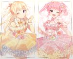  2girls ;) ;d bang_dream! bangs blonde_hair center_frills clenched_hand clenched_hands detached_collar dress floral_background flower frilled_dress frills hair_ribbon half-closed_eyes hand_up hands_up highres long_hair looking_at_viewer maruyama_aya multiple_girls neck_ribbon one_eye_closed open_mouth pink_dress pink_eyes pink_flower pink_hair pink_neckwear pom_pom_earrings red_flower red_ribbon ribbon ribbon-trimmed_dress shirasagi_chisato sidelocks smile striped striped_ribbon twintails violet_eyes white_flower wrist_cuffs yellow_dress yellow_flower yellow_neckwear yuhi_(hssh_6) 