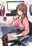  1girl bangs binder bracelet brown_hair chair clipboard closed_mouth coffee_mug computer crossed_legs cup desk from_above hair_ornament hairclip highres holding holding_pen jewelry keyboard_(computer) long_hair looking_back miniskirt mole mole_under_eye monitor mug nagu office office_chair office_lady original pantyhose paper pen pencil_skirt pink_shirt shirt sidelocks sitting skirt smile solo spreadsheet sticky_note tile_floor tiles watch watch 