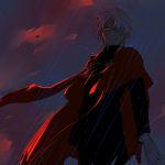  1boy amakusa_shirou_(fate) cape clouds cloudy_sky cross cross_necklace dark_skin earrings fate/apocrypha fate_(series) fmc_(f3m5) glowing glowing_eyes high_contrast jewelry male_focus necklace rain red_eyes sky solo stole white_hair 