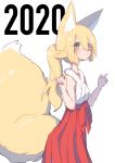  1girl 2020 akatsuki_urara animal_ear_fluff animal_ears blonde_hair commentary_request fox_ears fox_girl fox_shadow_puppet fox_tail fukutchi green_eyes hakama highres japanese_clothes large_tail long_hair long_tail miko new_year original ponytail shadow_puppet shirt simple_background sleeveless smile solo tail white_background white_shirt 