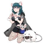  1girl animal_ears armor black_shorts blue_eyes blue_hair byleth_(fire_emblem) byleth_eisner_(female) cape chuuum_m closed_eyes closed_mouth crossover fire_emblem fire_emblem:_three_houses gen_5_pokemon gen_8_pokemon medium_hair minccino mouse_ears navel_cutout pantyhose pokemon pokemon_(creature) shorts simple_background white_background wooloo 