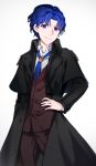  2boys blue_eyes blue_hair bolo_tie cosplay fate/stay_night fate_(series) hand_on_hip highres long_coat male_focus matou_shinji matou_zouken matou_zouken_(cosplay) multiple_boys short_hair solo wavy_hair ycco_(estrella) 