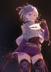  1girl arm_up bangs belt boots collar commentary_request contender_(girls_frontline) dark_background detached_sleeves dying_(dying0414) exposed_pocket girls_frontline gloves grey_hair gun handgun holding holding_gun holding_weapon looking_at_viewer multicolored_hair partial_commentary pistol pocket purple_hair purple_shorts see-through shirt shoelaces short_hair short_shorts shorts simple_background solo standing streaked_hair thigh-highs thigh_boots upper_body violet_eyes weapon 