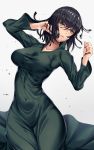  1girl black_hair breasts closed_mouth covered_navel cowboy_shot dress fubuki_(one-punch_man) green_dress green_eyes highres impossible_clothes large_breasts long_sleeves looking_at_viewer one-punch_man short_hair solo takanashi-a taut_clothes taut_dress 
